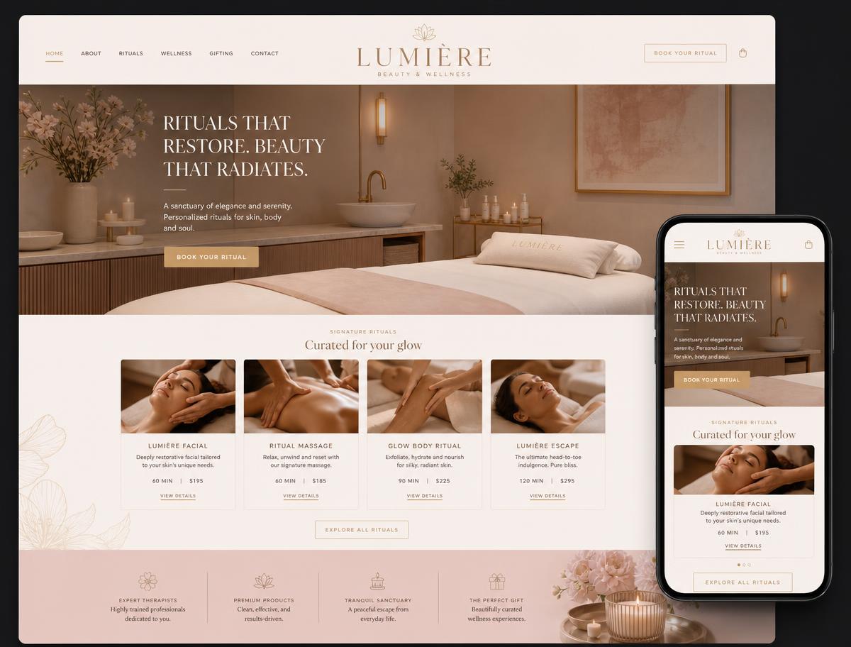 Concept website design for a luxury beauty and wellness spa brand, shown on desktop and mobile with a blush and gold palette