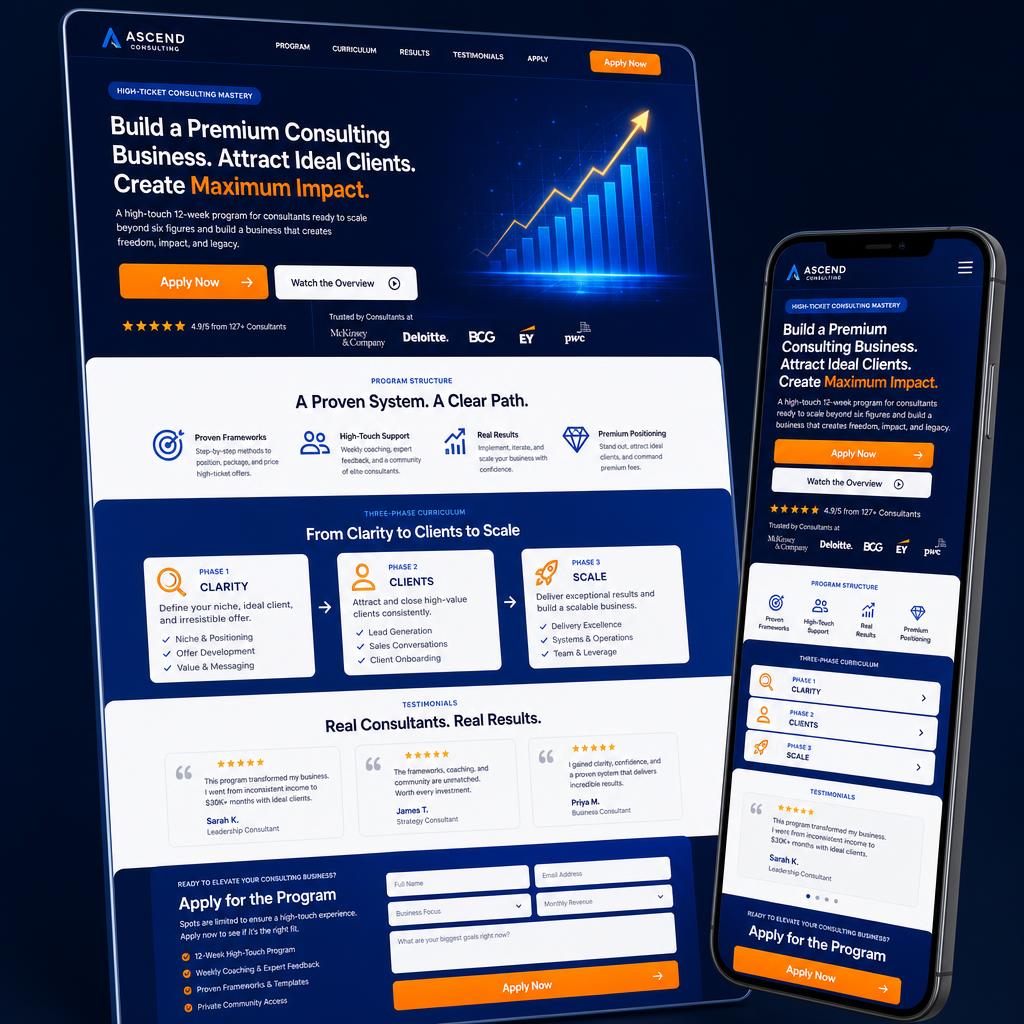 Consulting offer landing page concept shown on desktop and mobile with a blue, white, and orange palette, Apply Now and Watch the Overview CTAs, program structure, three-phase curriculum, testimonials, and application form sections