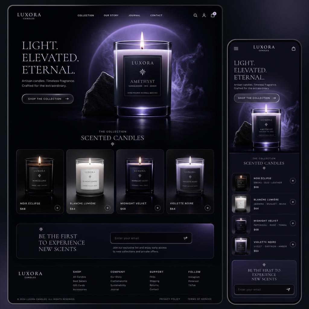 Luxury candle company e-commerce website concept shown on desktop and mobile with a glowing hero candle, product collection grid, and email signup in a dark violet-chrome luxury aesthetic
