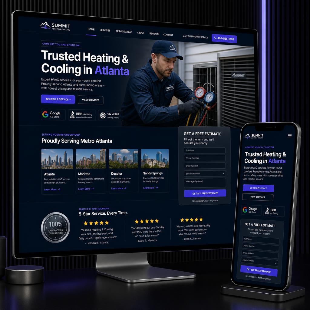 Local HVAC business website concept shown on desktop and mobile with service area pages for Atlanta, Marietta, Decatur, and Sandy Springs, plus a free estimate lead form