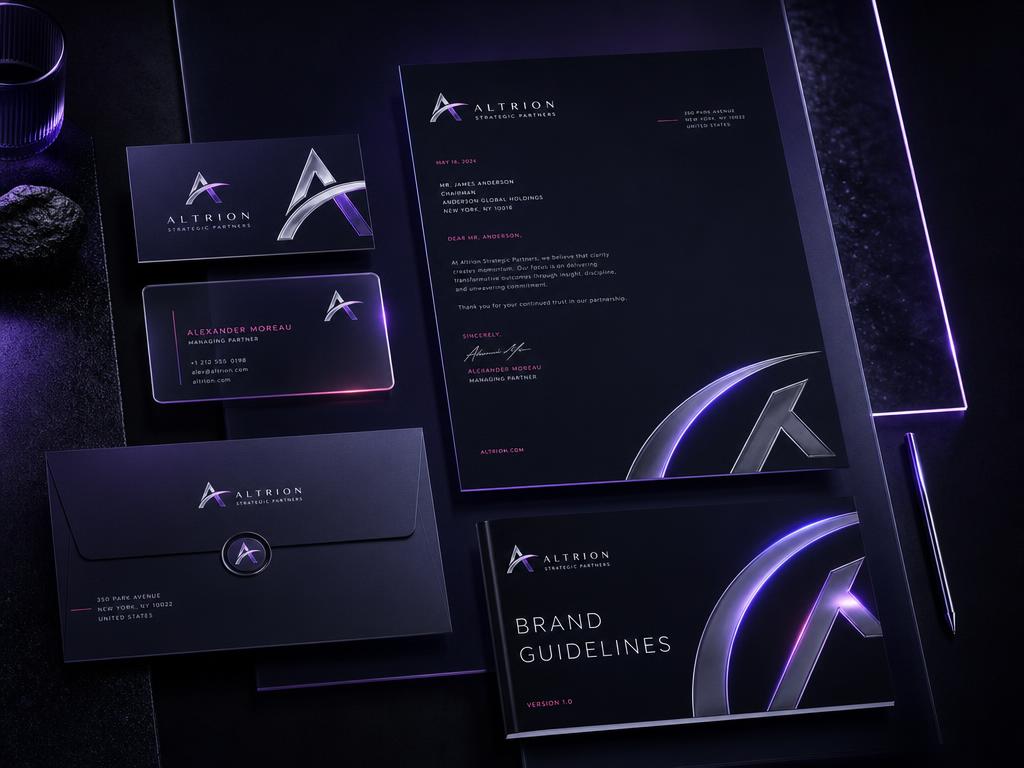 Luxury brand identity mockup for a professional services firm, showing business cards, letterhead, envelope, and brand guidelines booklet in dark violet and chrome